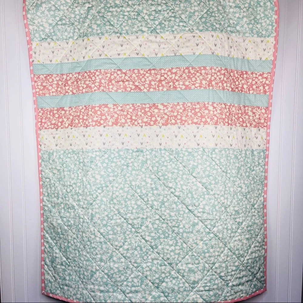 Handmade Easter / Spring Quilt Dusty Rose Blue Polka Dot Nursery Baby Bedding